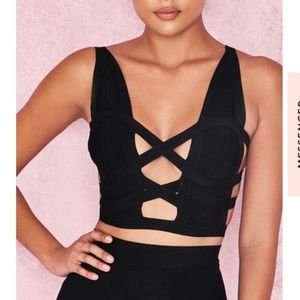 NWT! House Of CB, "Amine" Black Bandage Crop Top, Size S